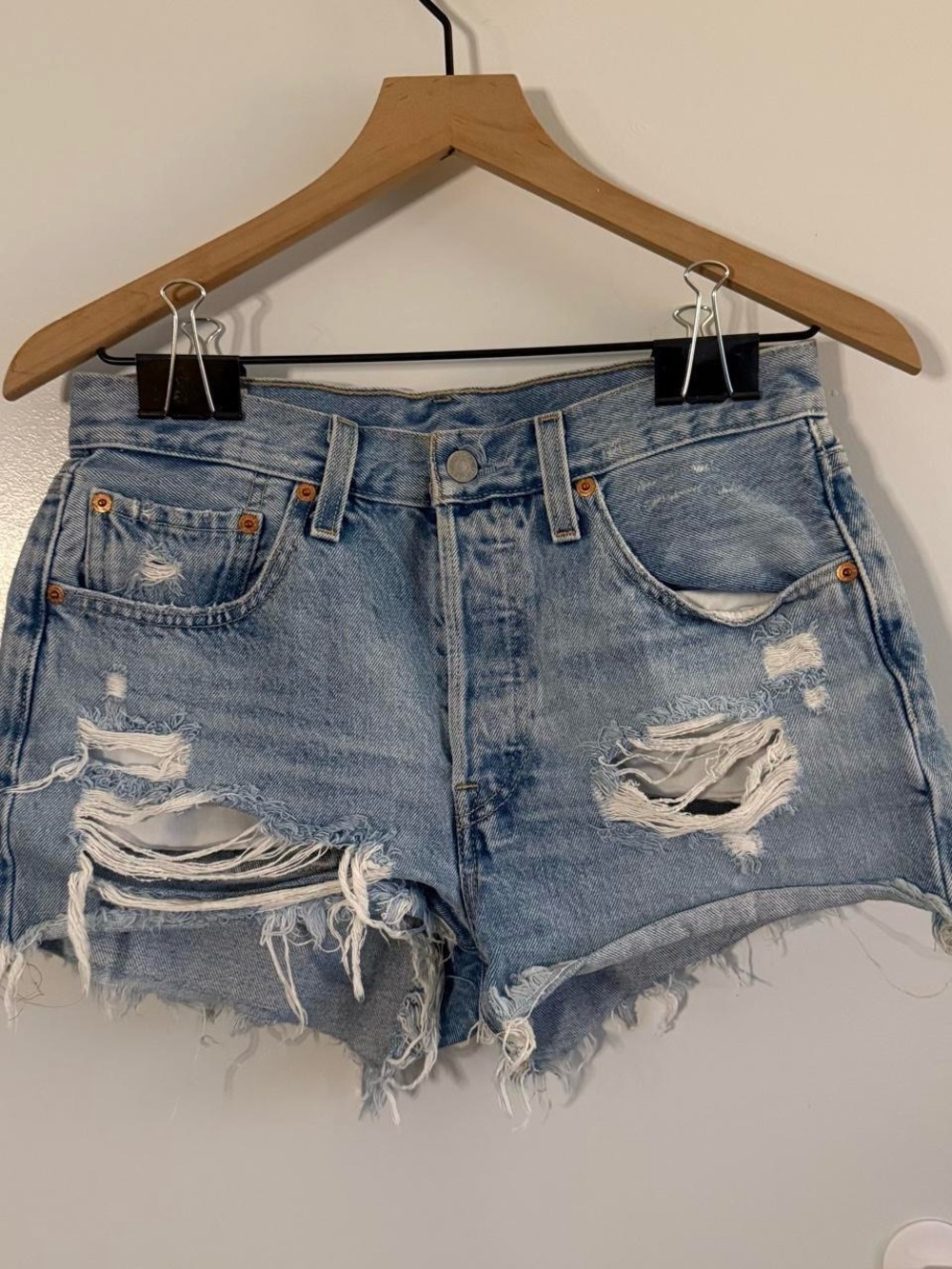 Levi's 501 Light Blue Distressed High-Rise Denim Shorts